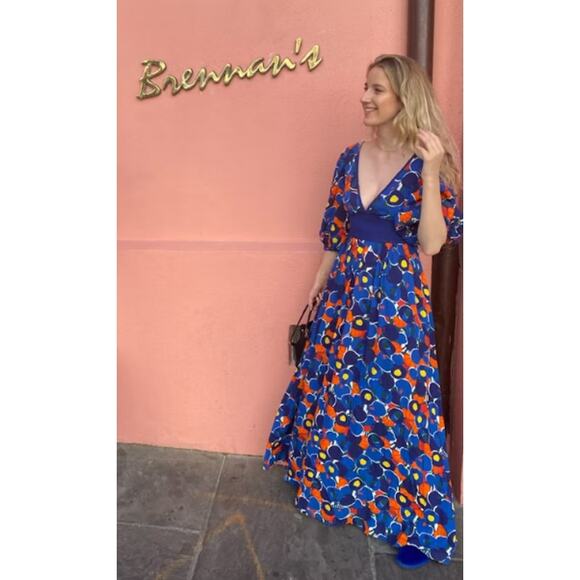 STAUD Affogato Maxi Dress V-Neck Balloon Sleeve Fruit Print Belted, Blue NWT - Picture 5 of 16